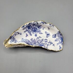 Vintage Decorative Oyster Shell Trinket Ring Dish Blue White Floral Butterfly